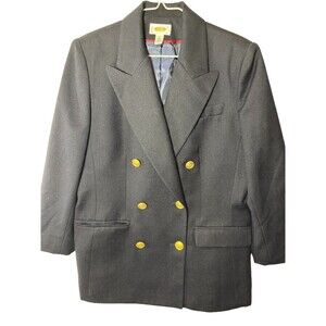 Talbots Petites Size 8 Navy Worsted Wool Double Breasted Blazer W/ Gold Buttons